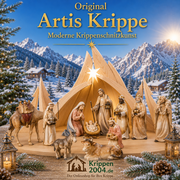 Original Artis Krippe aus Bergahorn mit modernen holzgeschnitzten Krippenfiguren