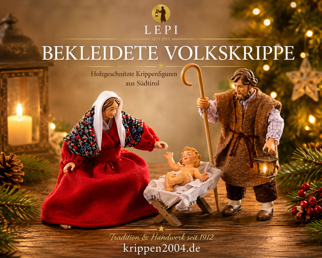 Bekleidete Volkskrippe von Lepi mit bäuerlichen Krippenfiguren und Stoffgewändern