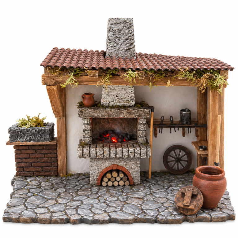 Beleuchtete Schmiede mit Kamin ohne Figuren als Krippenzubehör