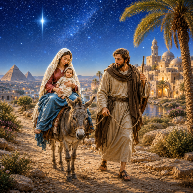 Flucht nach Ägypten – Maria mit dem Jesuskind auf dem Esel und Josef auf dem Weg nach Ägypten unter dem Sternenhimmel