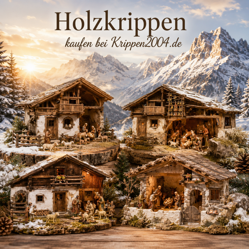 Holzkrippen mit holzgeschnitzten Krippenfiguren für traditionelle Weihnachtskrippen