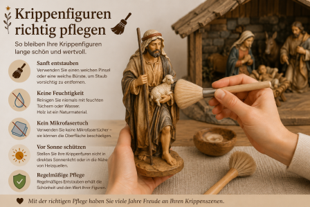 Krippenfiguren richtig pflegen – holzgeschnitzte Krippenfigur schonend mit weichem Pinsel entstauben
