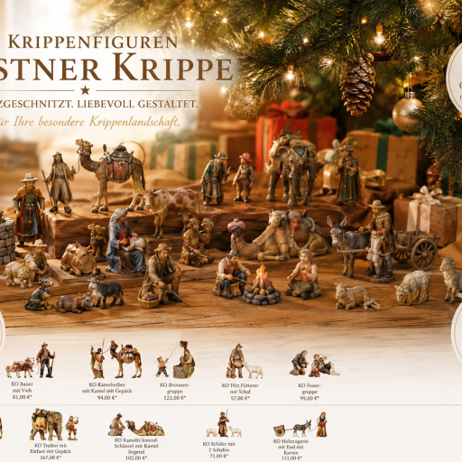 Figuren der Kostner Krippe mit Heiliger Familie, Hirten und Königen für die Weihnachtskrippe