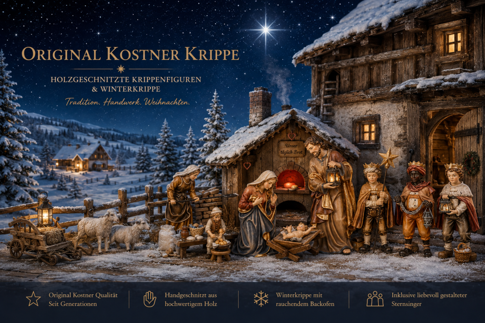 Original Kostner Krippe mit holzgeschnitzten Krippenfiguren und Krippentieren für die Weihnachtskrippe