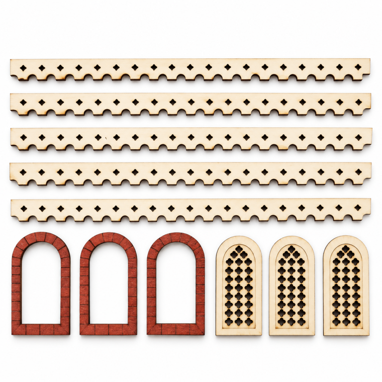 Orientalisches Fenster- und Leistenset mit Zierleisten und Fenstergittern für den Krippenbau