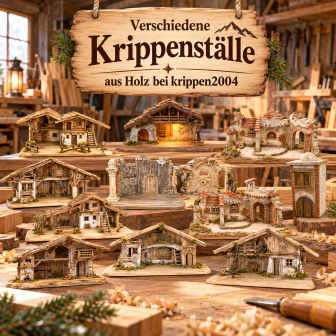 Verschiedene Krippenställe aus Holz für Weihnachtskrippen