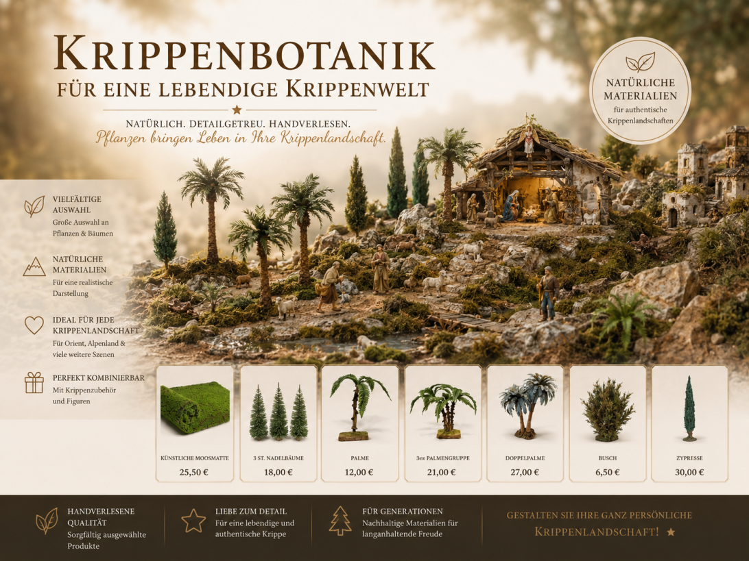 Krippenbotanik mit Palmen Bäumen und Pflanzen für Weihnachtskrippen