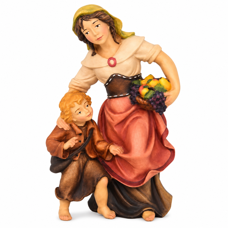 Handbemalte Mutter-Kind-Figur mit Obstkorb