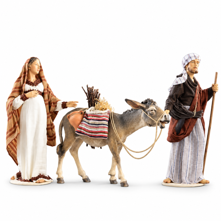 Herbergsuche Hannah mit schwangerer Maria Josef und bepacktem Esel