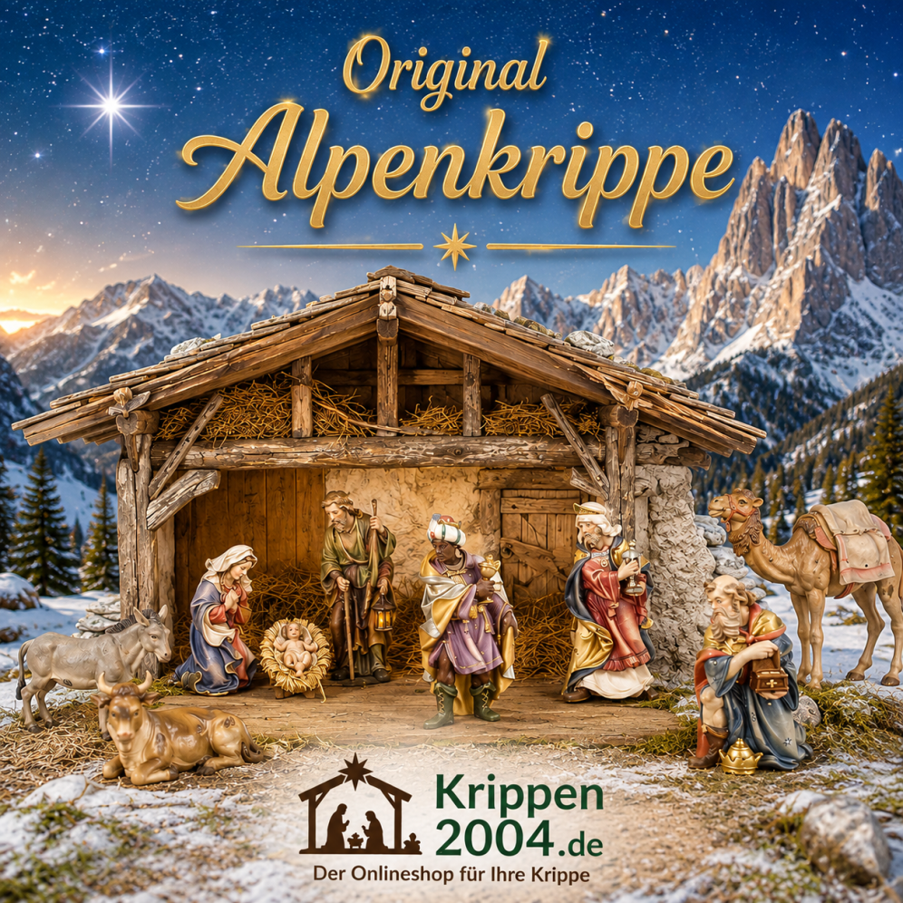 Original Alpenkrippe mit holzgeschnitzten Alpenkrippenfiguren und Tierfiguren für eine heimatliche Weihnachtskrippe