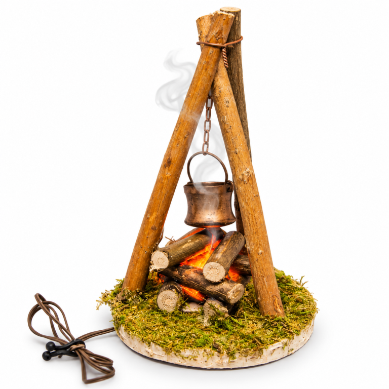 Beleuchtetes Lagerfeuer mit Rauchgenerator und Kupferkessel für Krippen