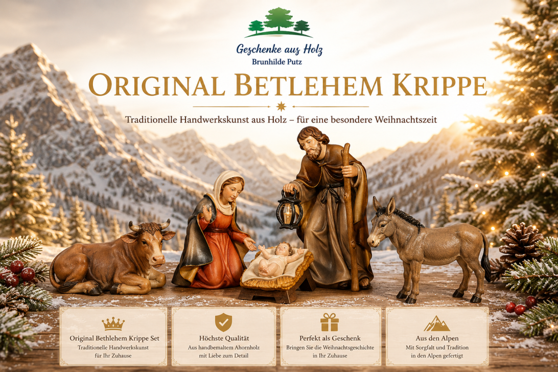 Original Bethlehem Krippenfiguren aus Ahornholz für eine traditionelle Weihnachtskrippe