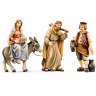 Herbergsuche mit Maria auf dem Esel, Josef und Wirt als holzgeschnitzte Krippenfiguren für Weihnachtskrippen.