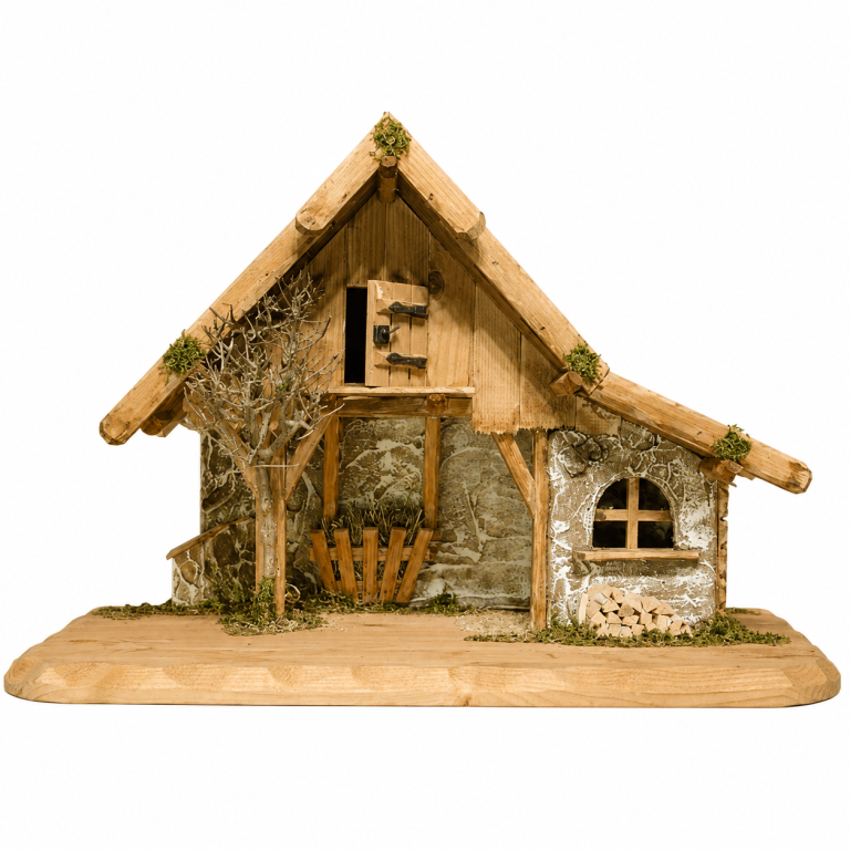 Heimatlicher Krippenstall Kitzbühel mit Holzschindeldach und Heubodentür