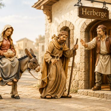 Flucht und Herbergsuche als holzgeschnitzte Krippenfiguren mit Maria auf dem Esel, Josef und dem Wirt