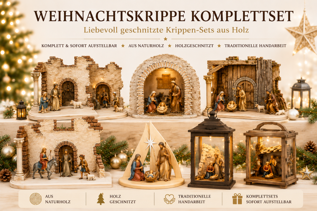 Weihnachtskrippe Komplettset aus Holz geschnitzt mit Krippenstall, Heiliger Familie und Krippenfiguren in festlicher Weihnachtsatmosphäre