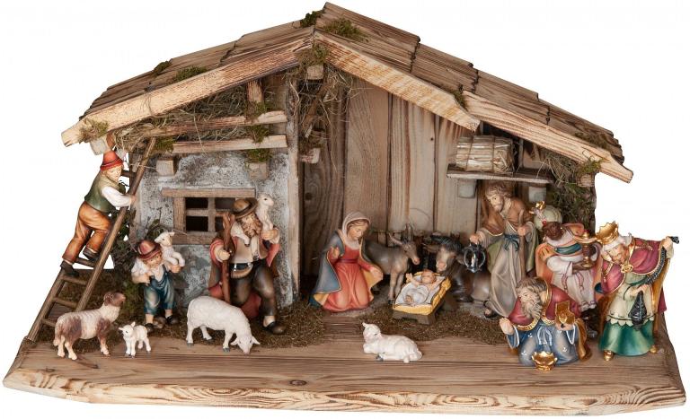 Stall Raschötz mit 16 Betlehem Krippe Figuren COLOR_