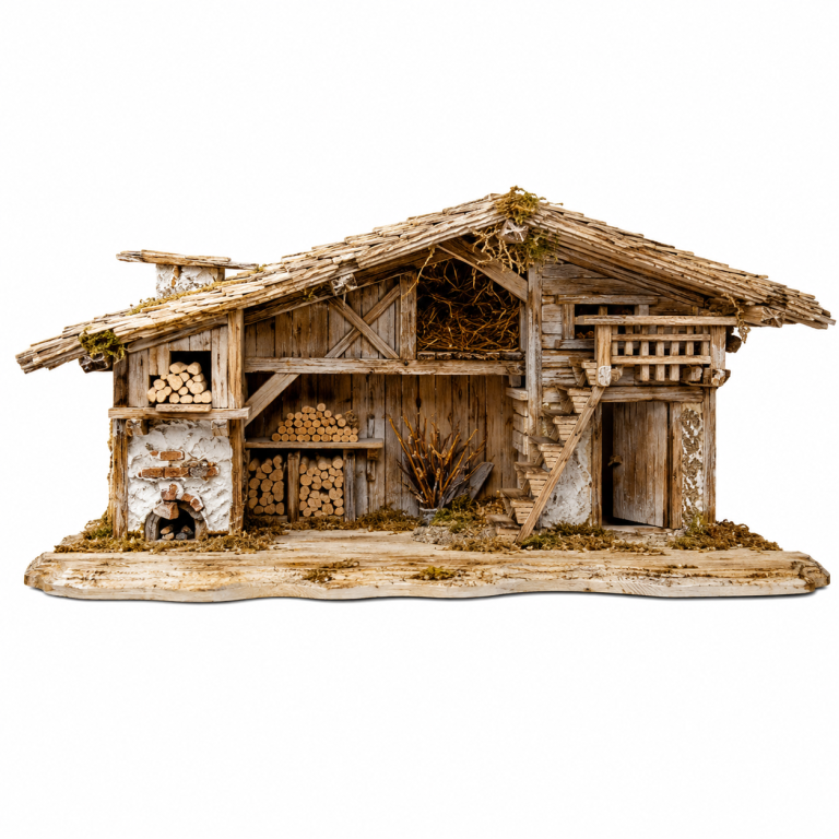 Heimatlicher Krippenstall Bauernhof aus Holz für 10 bis 14 cm Krippenfiguren