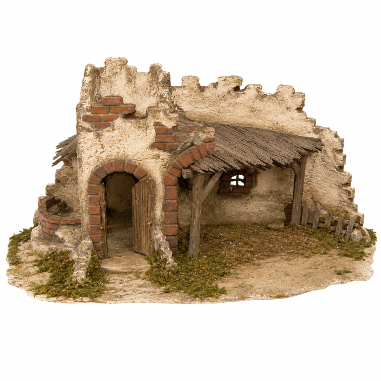Orientalischer Krippenstall Ruine aus massivem Holz mit Torbogen und überdachtem Bereich