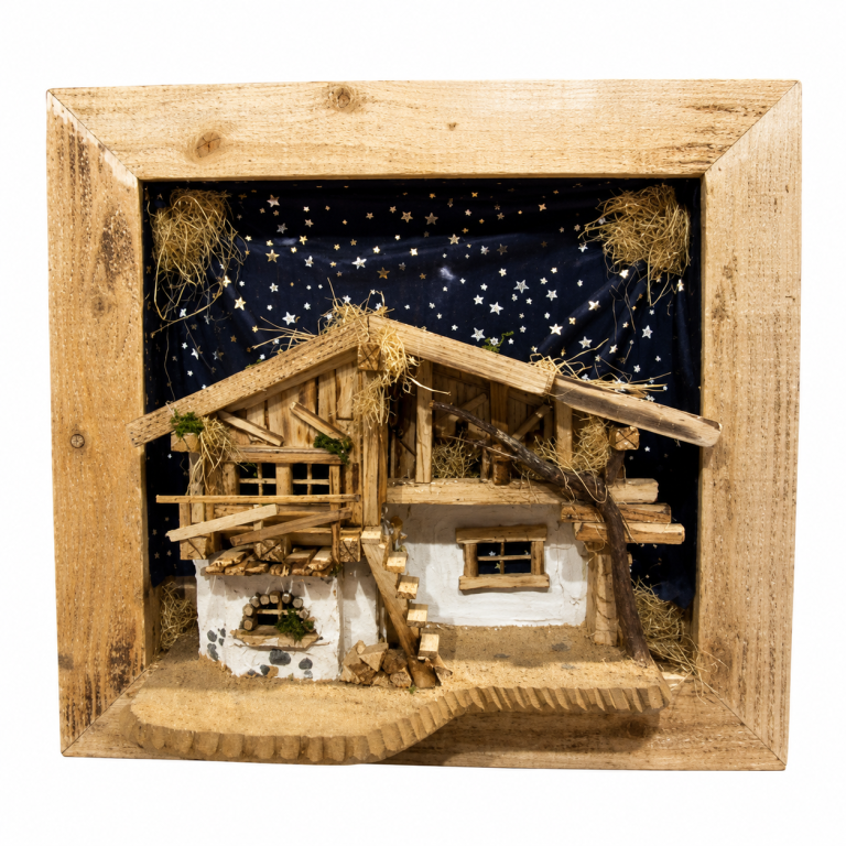 Wandkastenkrippe mit Nachthimmel, Holztreppe und Heu für 8–11 cm Figuren