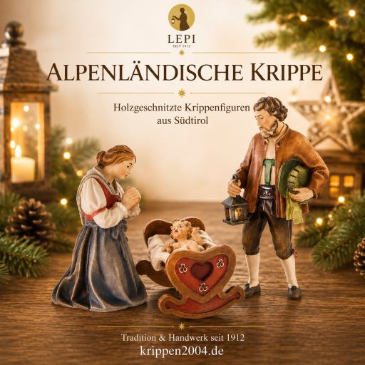 Alpenländische Krippe von Lepi mit traditionellen holzgeschnitzten Krippenfiguren