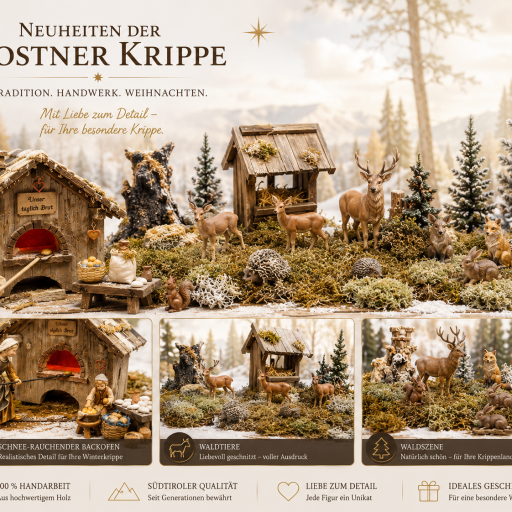 Neuheiten der Kostner Krippe mit Krippengebäude, Tierfiguren und Zubehör für die Weihnachtskrippe