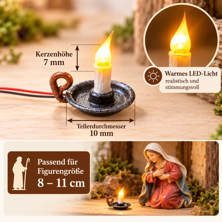 Miniatur-LED-Kerze mit Maßangaben für Krippenbau