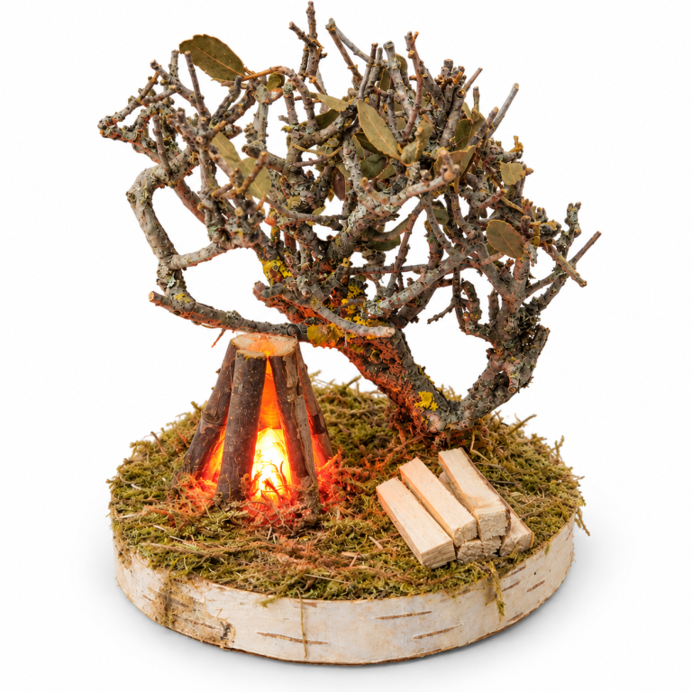Beleuchtetes Lagerfeuer mit Busch für 8–12 cm Krippenfiguren