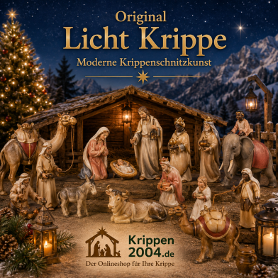 Original Licht Krippe mit modernen holzgeschnitzten Krippenfiguren