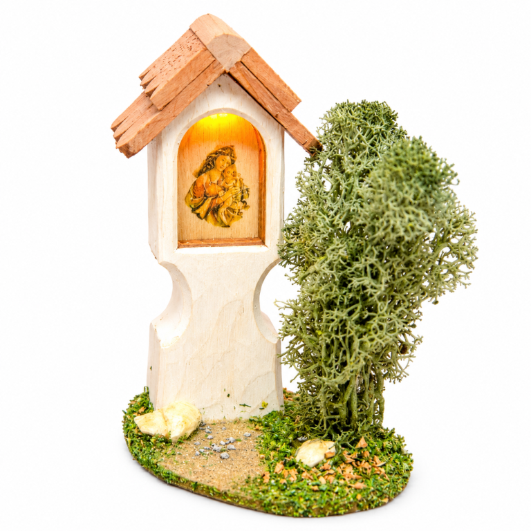 Marterl mit Marienbild und Beleuchtung für Weihnachtskrippe