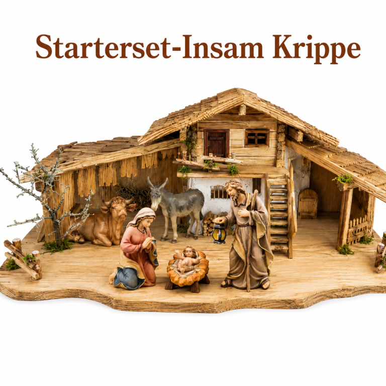 Starterset Insam Krippe mit Krippenstall Oberammergau, Heiliger Familie, Ochs und Esel